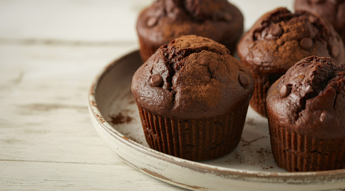 Rich Chocolate Chunk Muffins Made with Perelandra Farm Chocolate